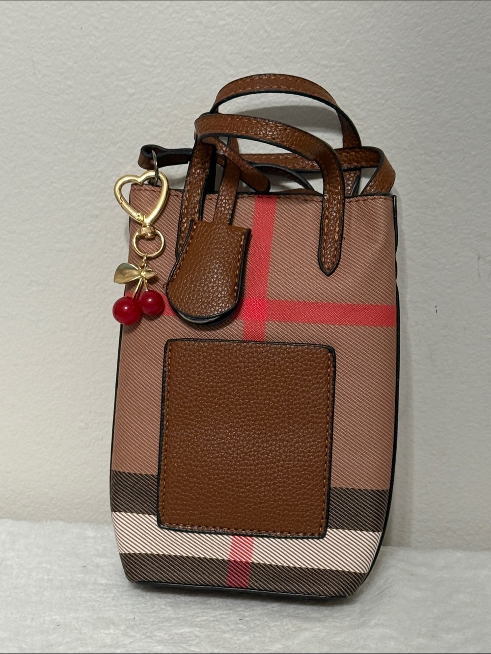 Source Unknown Brown Plaid Mini Tote with Red Cherry Charm